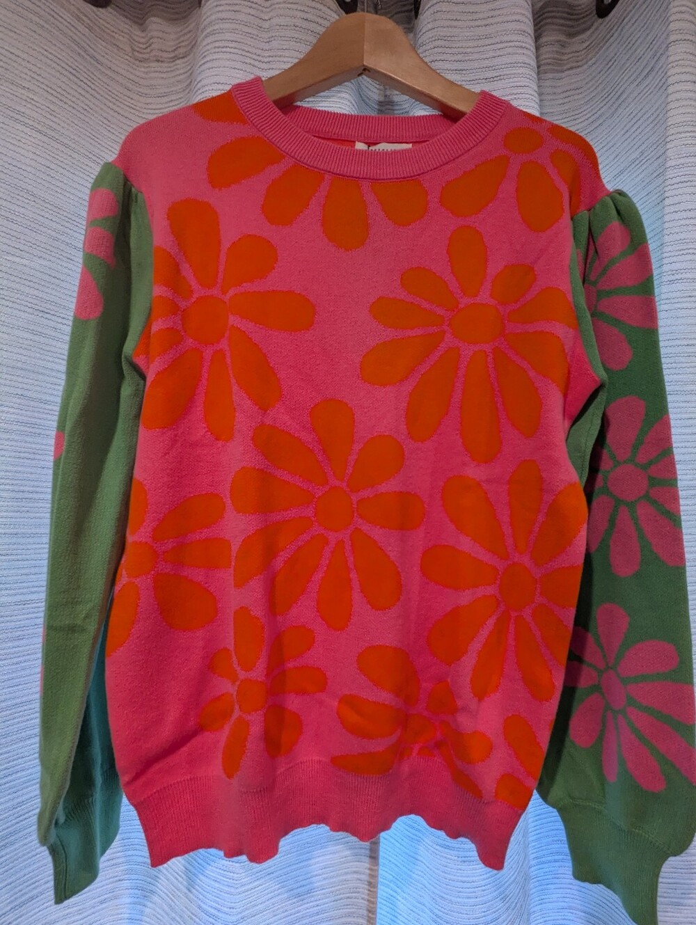 Oxknit Crewneck Floral Knit Sweater - Pink & Green - XL